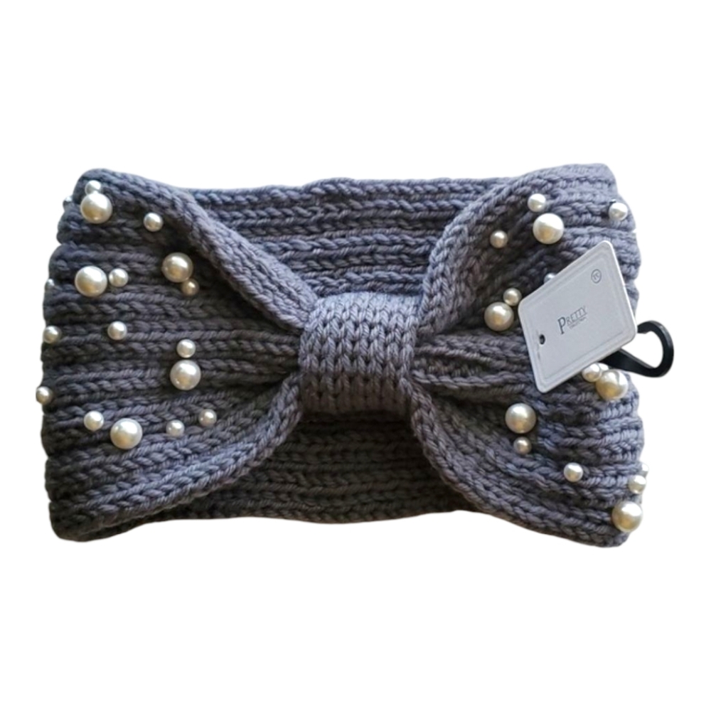 Bow Shaped Winter Knit Headband with Faux Pearls